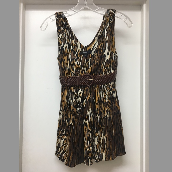 Sky Tops - SKY BRAND SILK ANIMAL LEOPARD PRINT TOP LEATHER BELT EUC